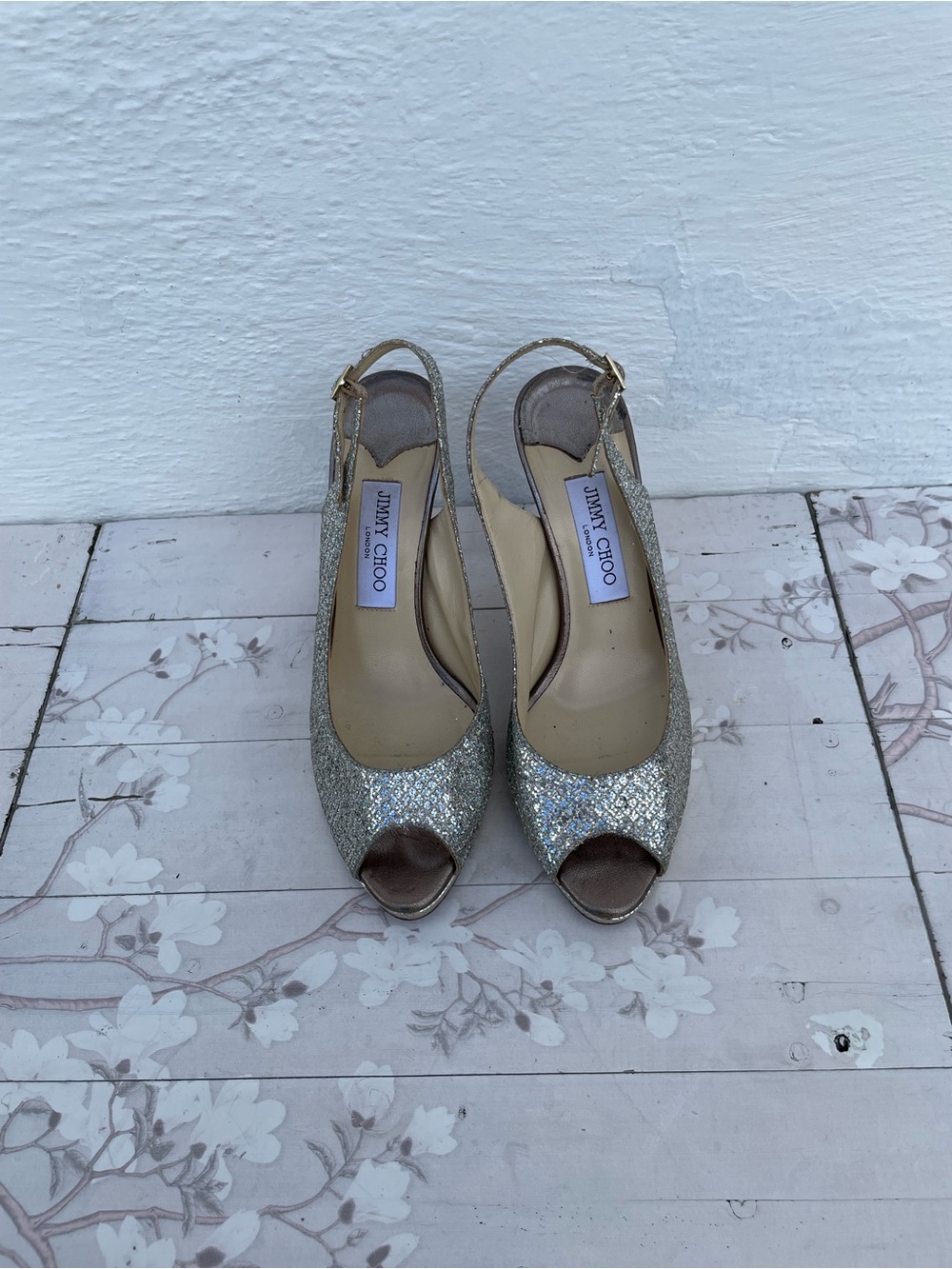 Jimmy Choo Glittery Silver Slingback Stiletto Heels